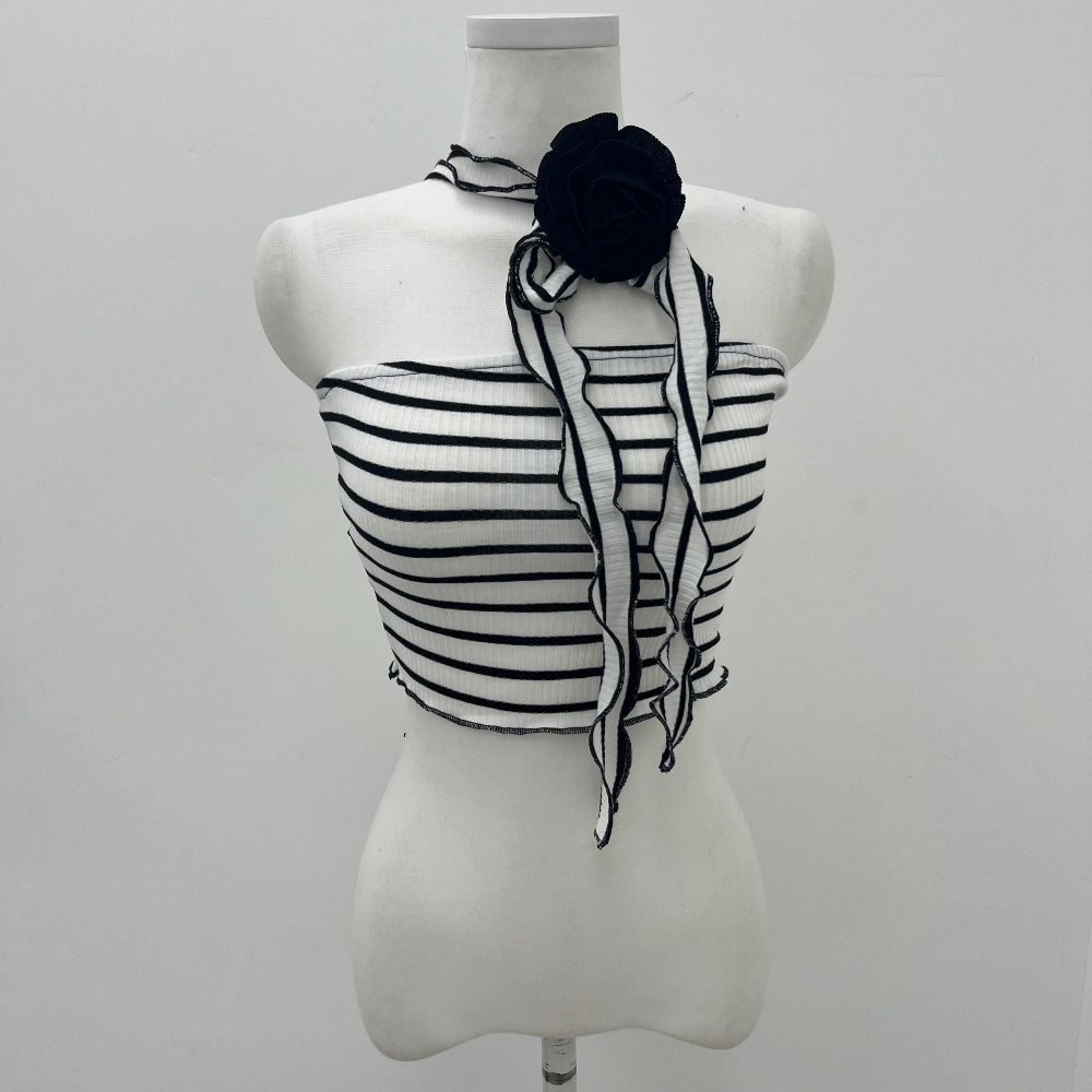 Stripe corsage ribbon strap crop tank-top (2 Color)