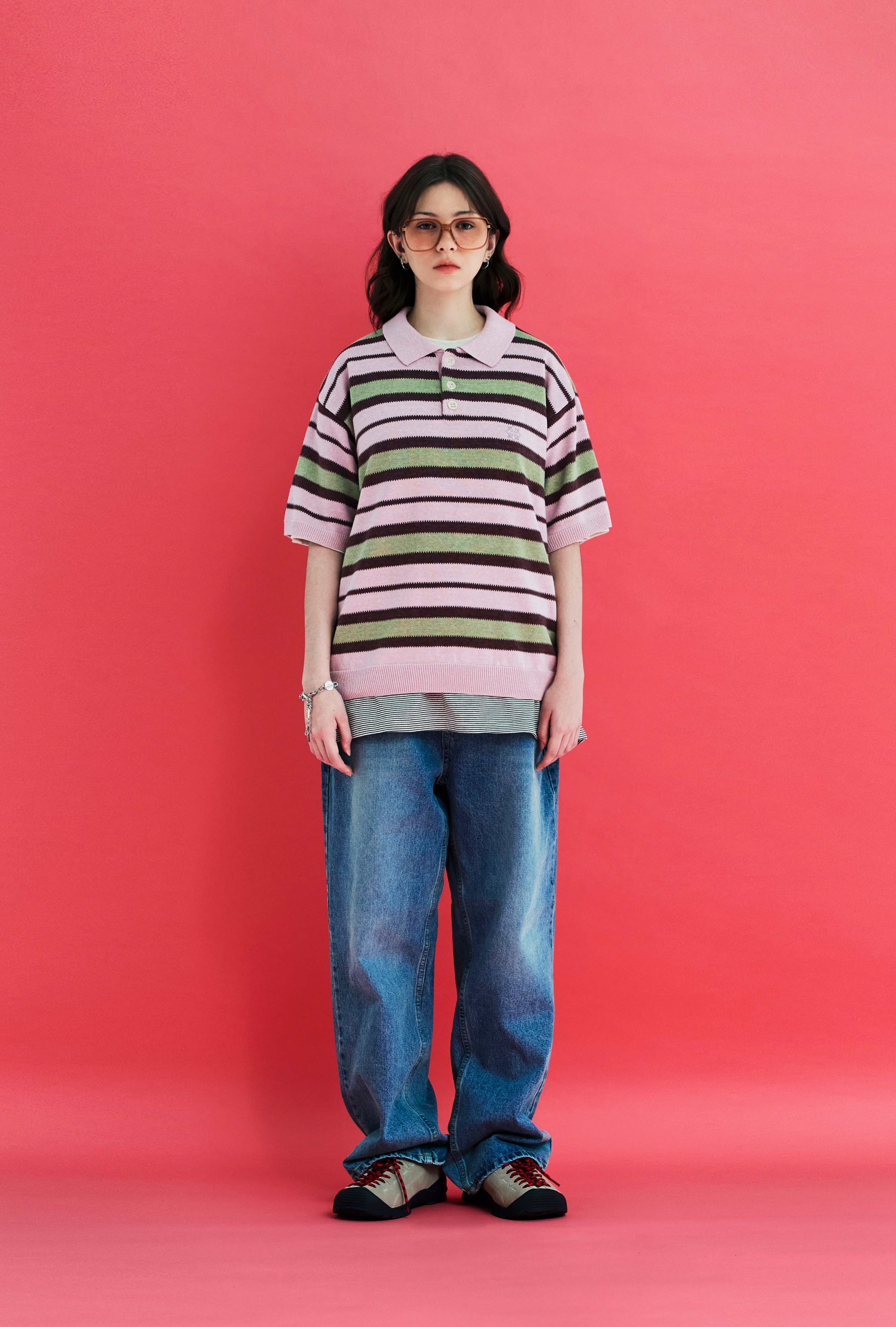 STRIPE KNIT POLO SHIRT / PINK