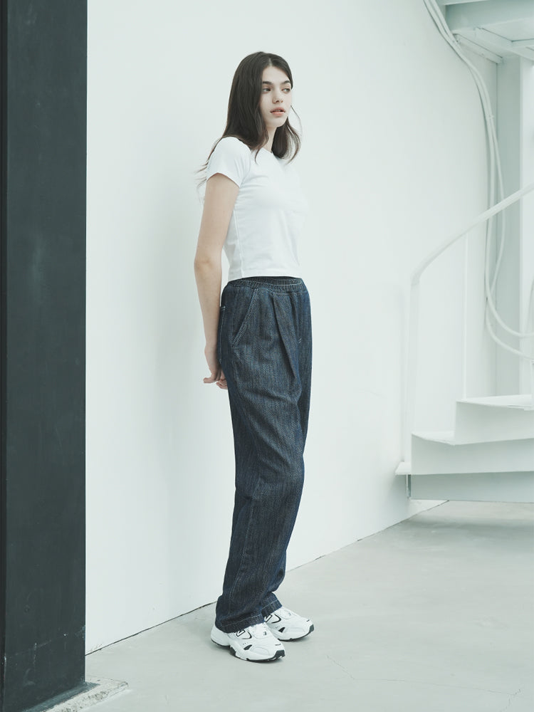 W1015 ONE TUCK LINEN BANDING PANTS_DEEP BLUE