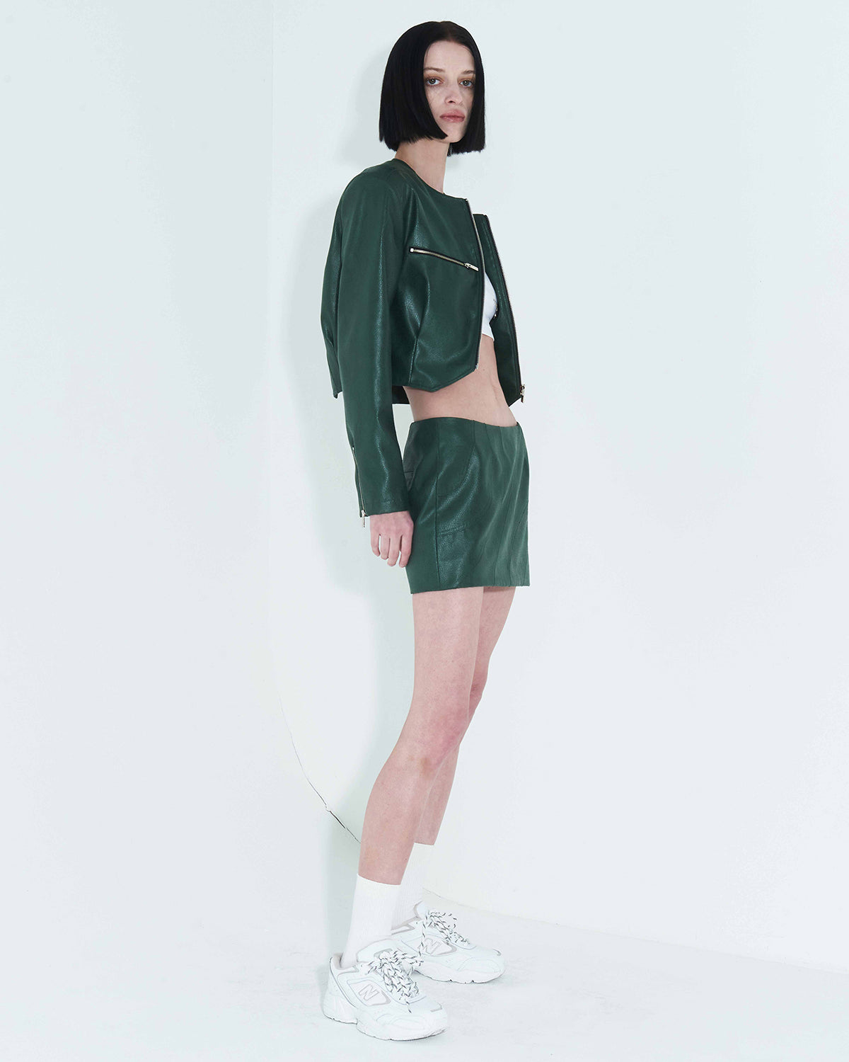 Faux-Leather Cropped Zip-Up Jacket _ Green