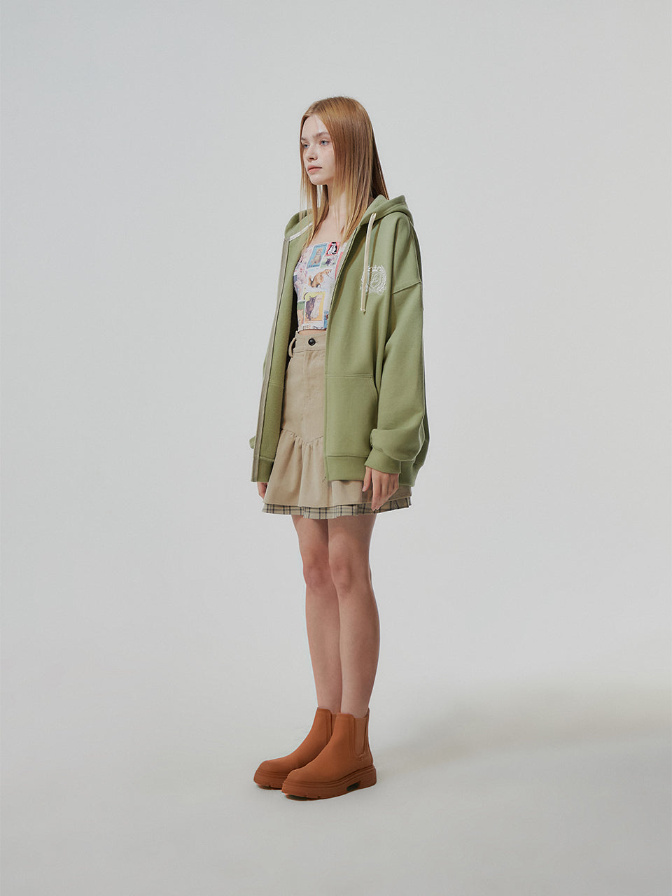 HEAVY WEIGHT OVERFITTED UNIVERSITY LOGO EMBROIDERY HOODIE ZIP UP_ SAGE GREEN