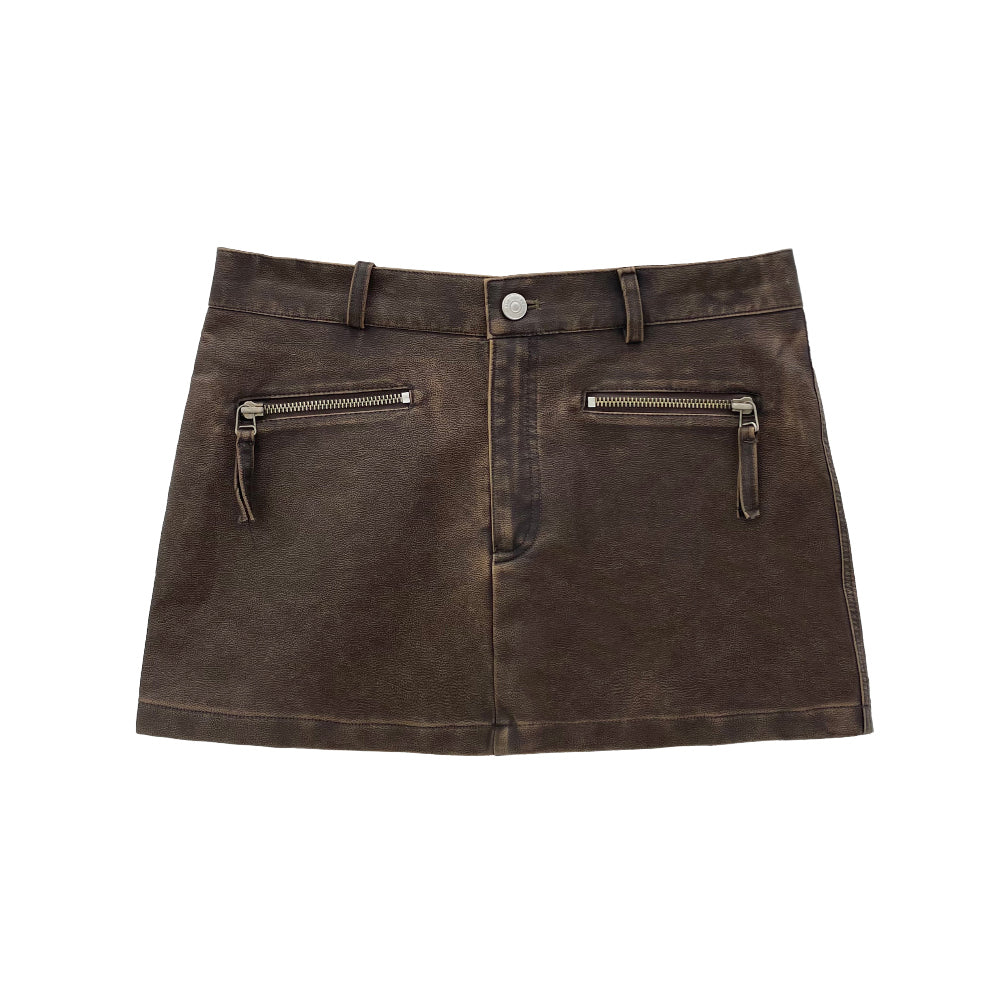 Vintage washing leather low-rise mini skirts (2 Color)