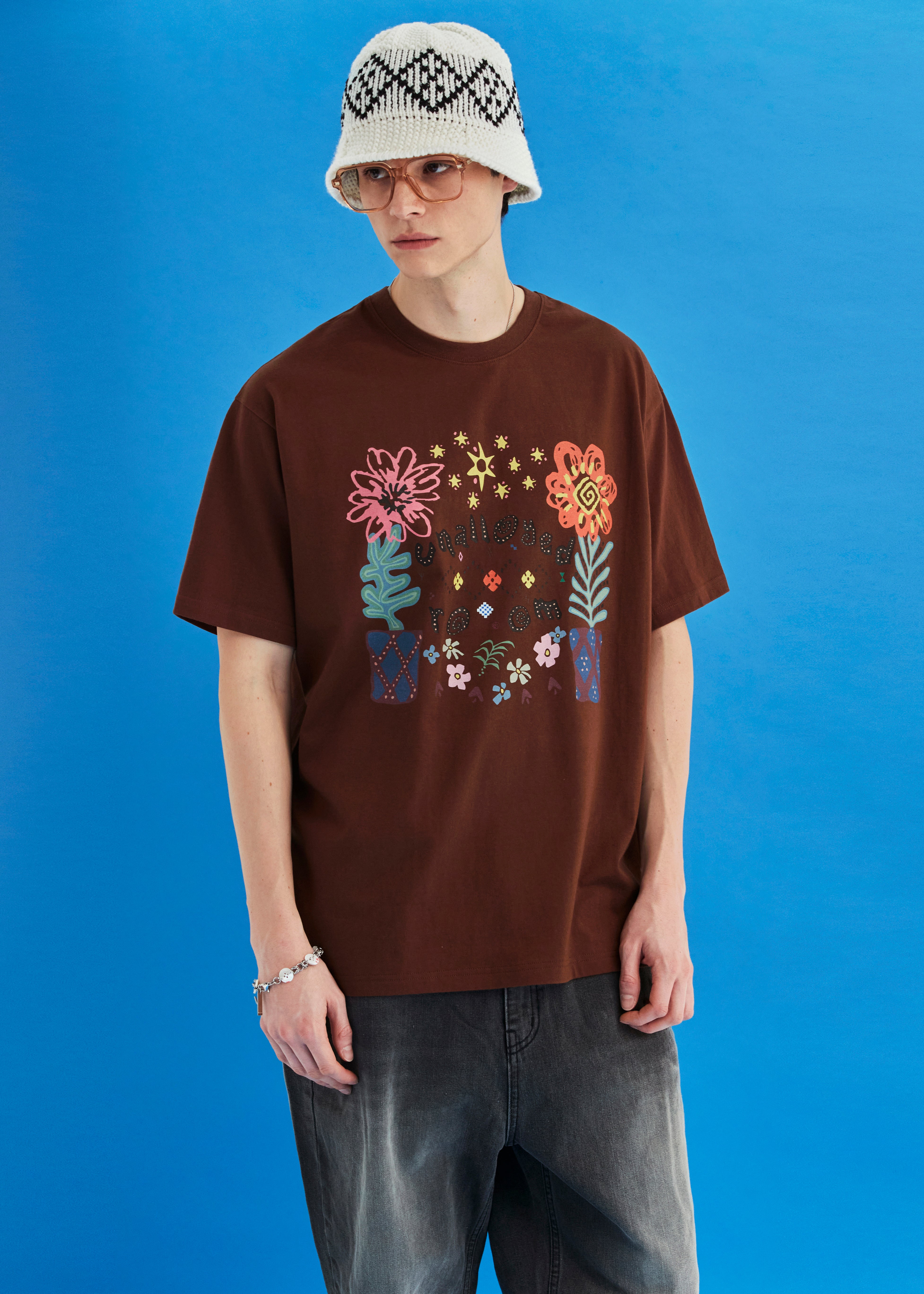 FLOWER ARGYLE T SHIRT / BROWN