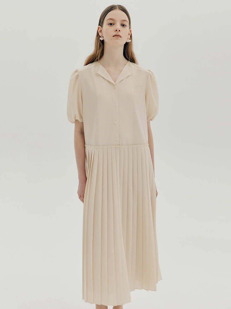 Puff sleeve pleated dress - Cream beige