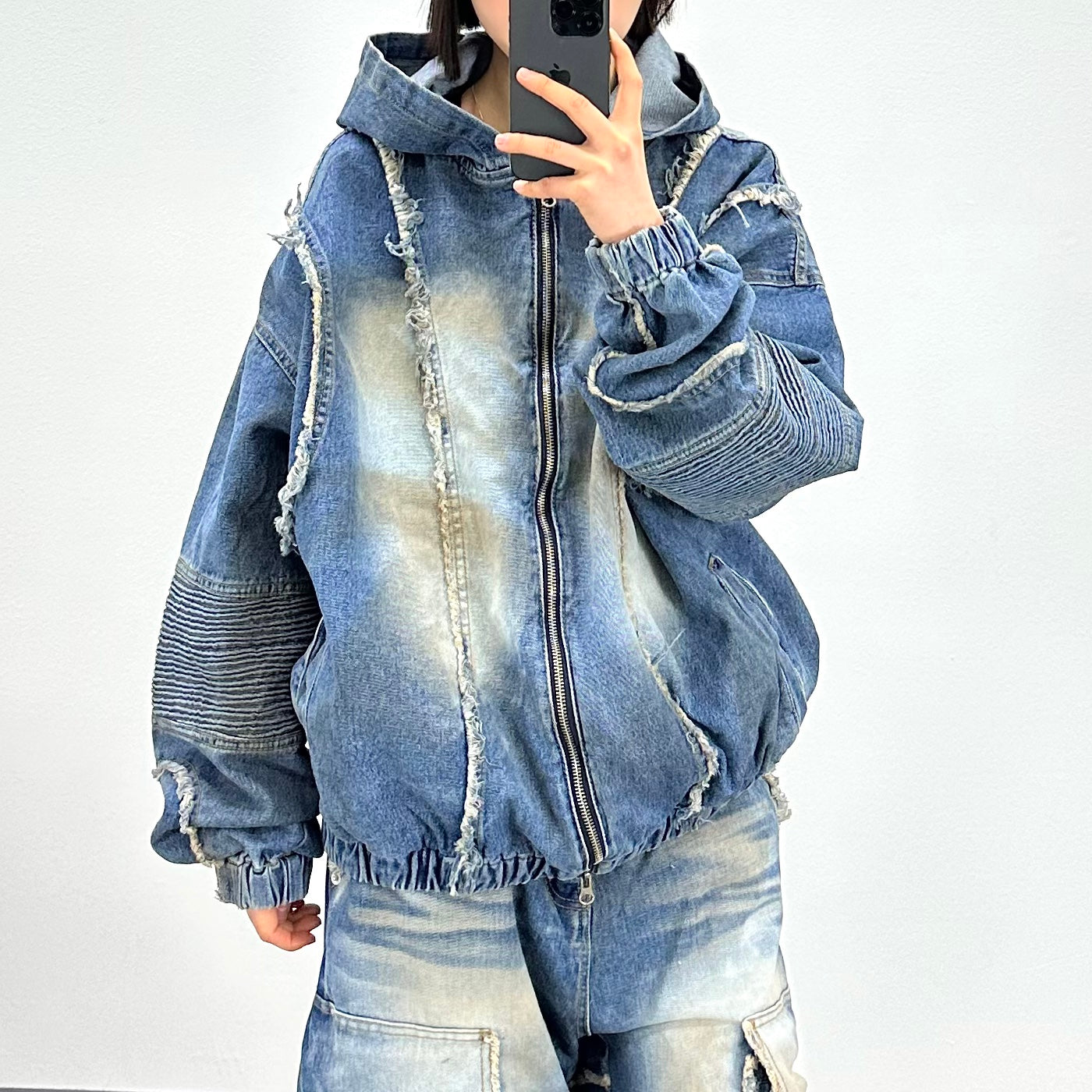 sand denim hooded jumper