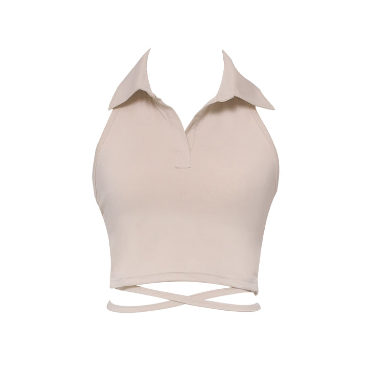 2-way collar span crop sleeveless top (beige)