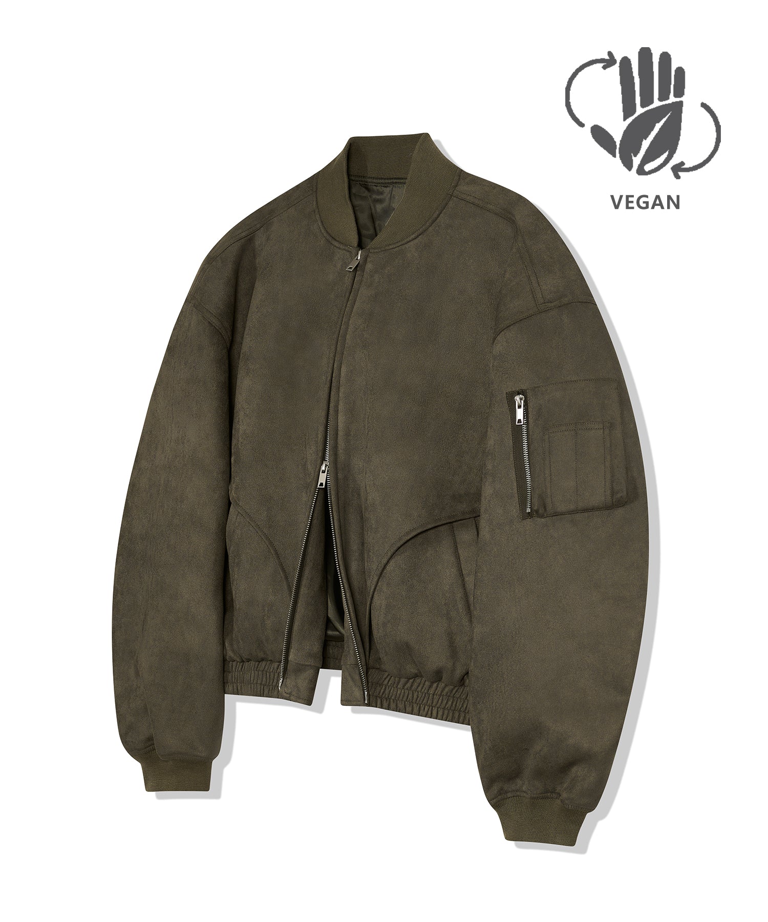 87-STAN027 [Vegan Suede] Curved Layer Bomber Suede Jacket Khaki