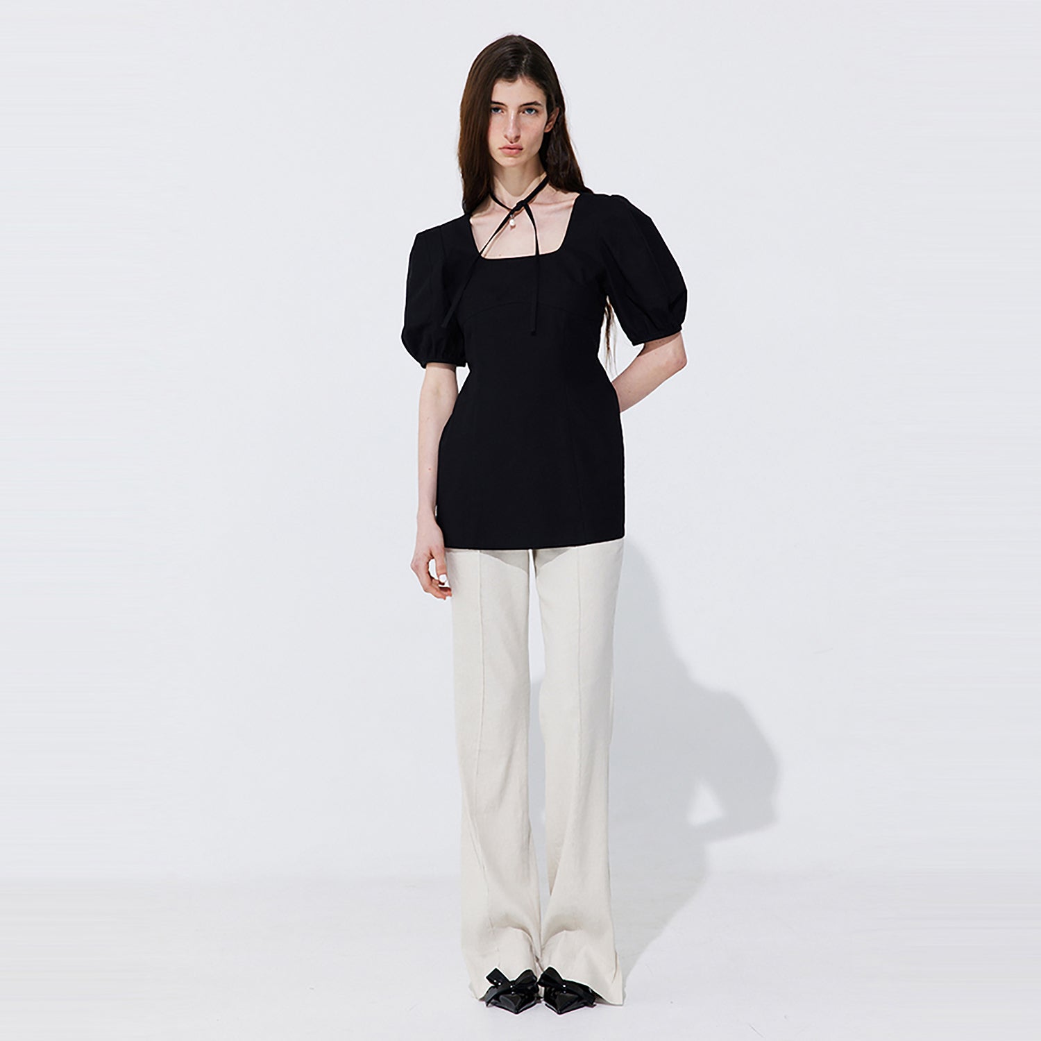 Pearl Balloon Line Blouse_Black