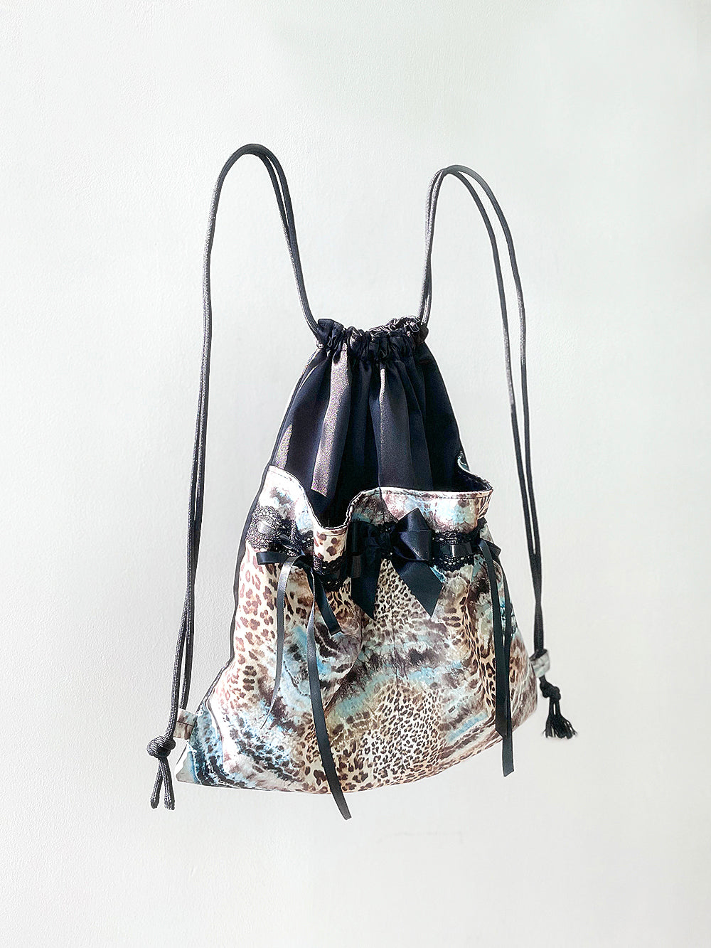 Leopard Tie-Dye Ribbon Lace String Bag (Blue)