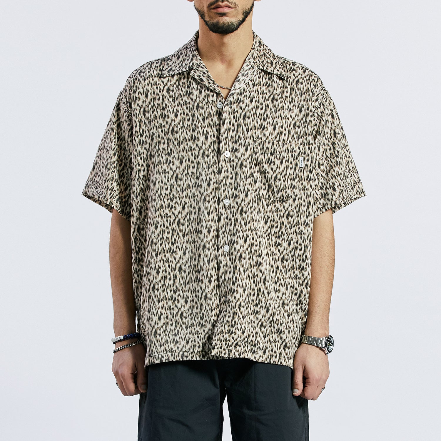 SP OVER FIT LEOPARD OPEN COLLAR SHIRTS-BEIGE