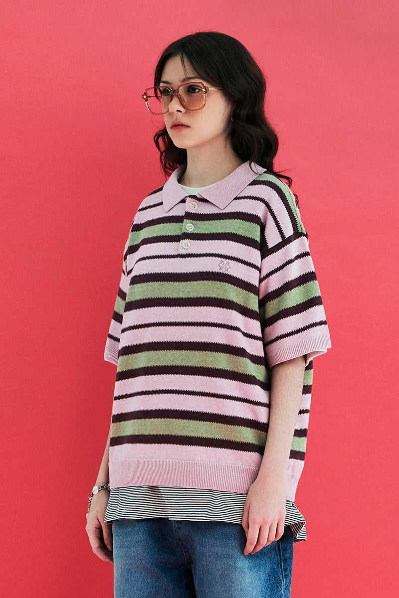 STRIPE KNIT POLO SHIRT / PINK