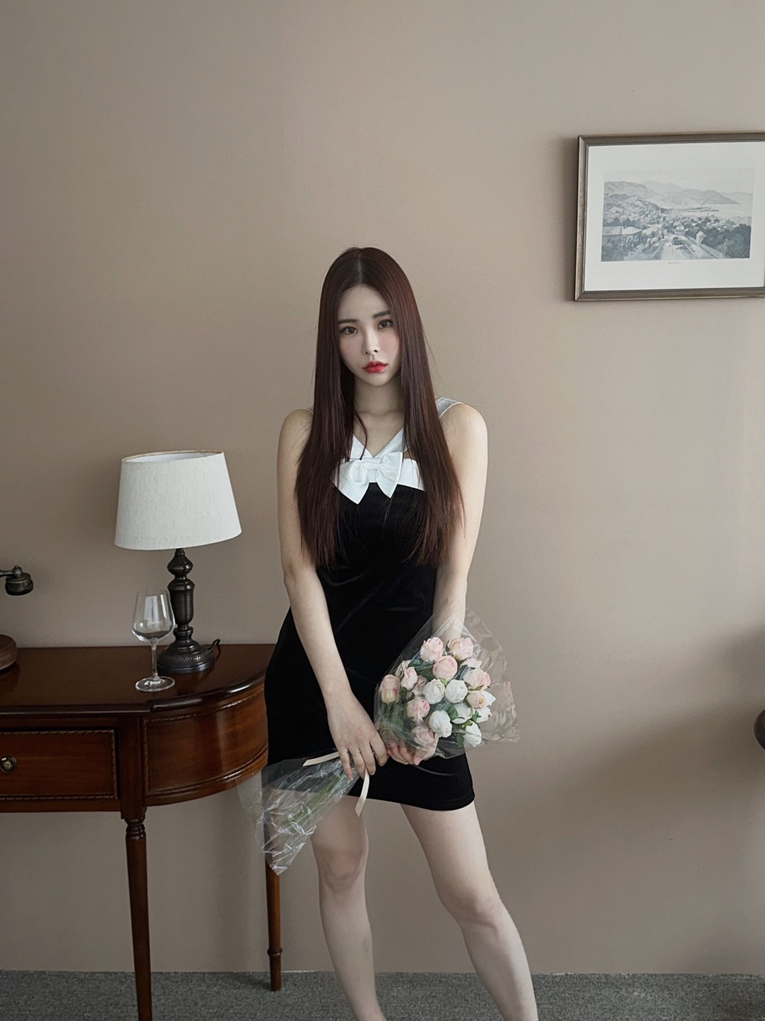 Velvet white bow mini dress