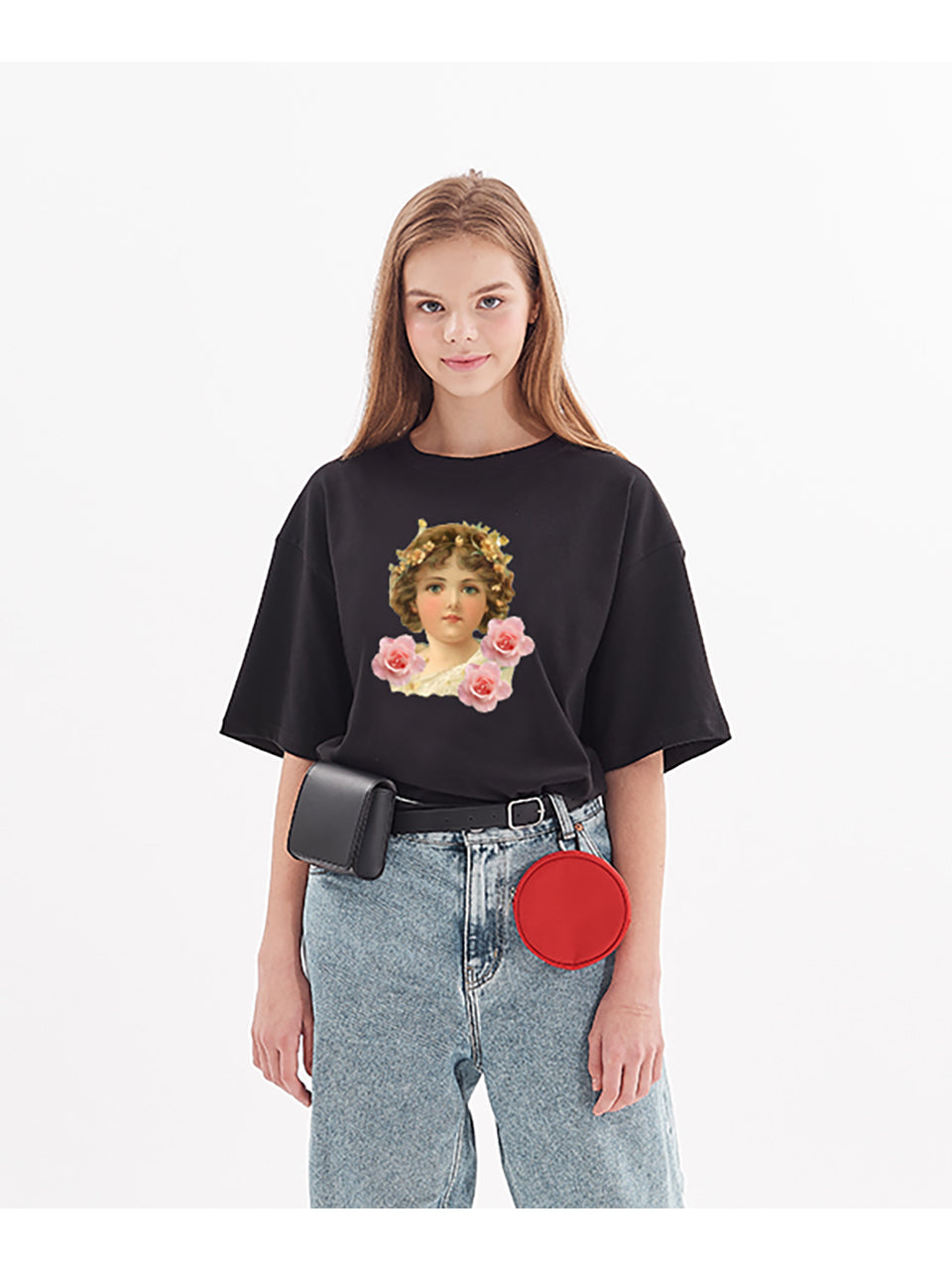 girl of angel print wide short sleeve t-shirt