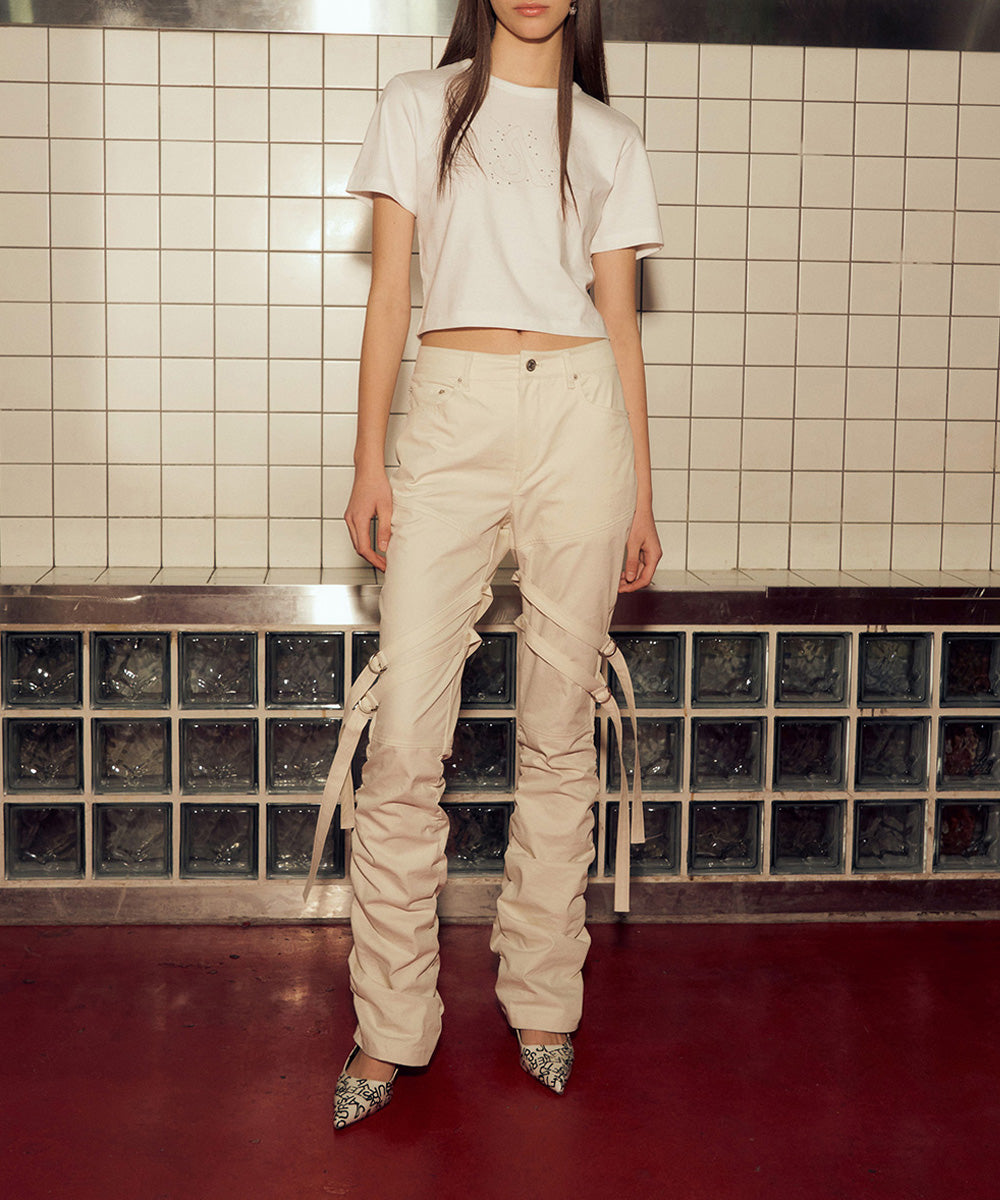 DETACHABLE STRAP SHIRRING PANTS (IVORY)