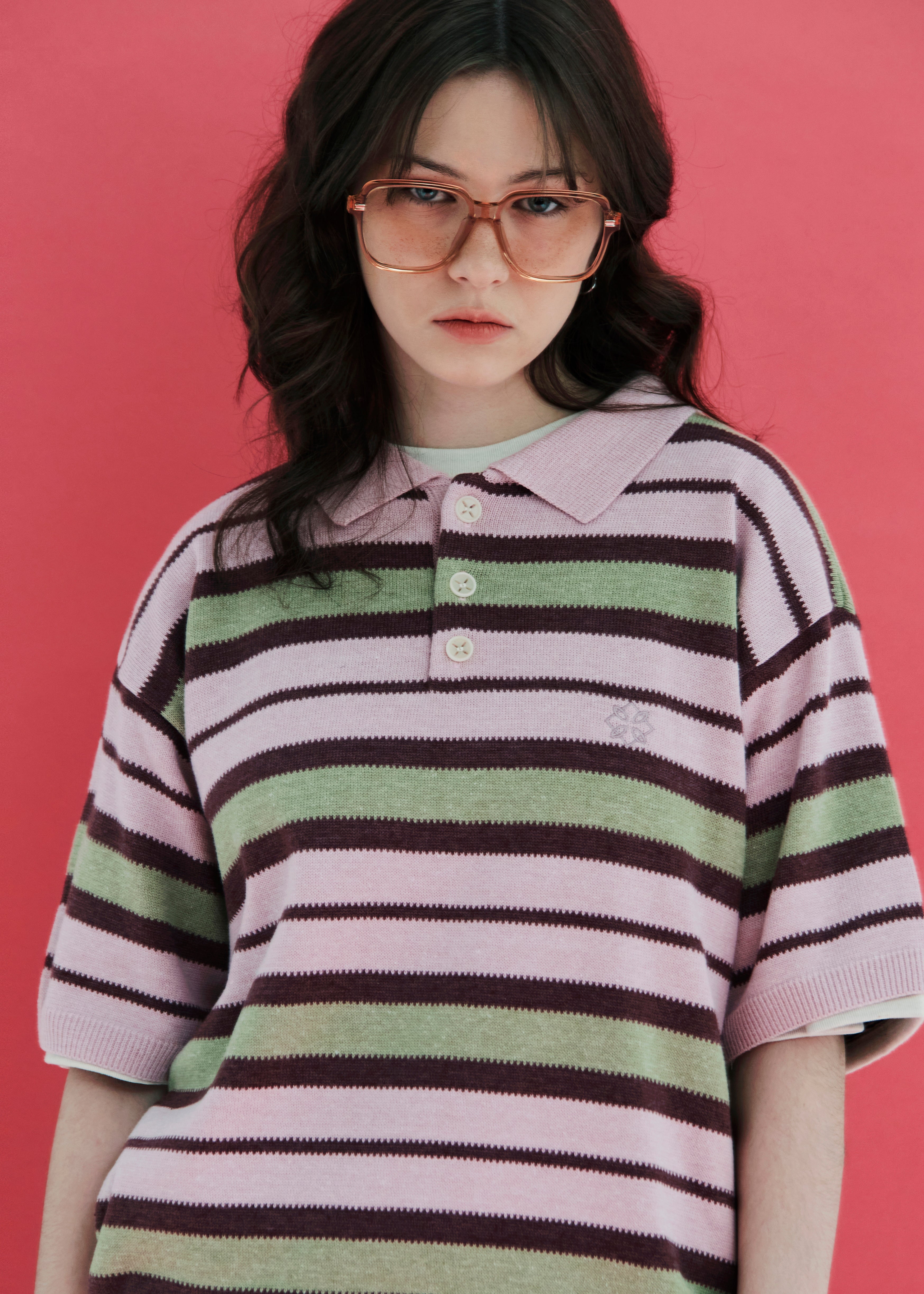 STRIPE KNIT POLO SHIRT / PINK