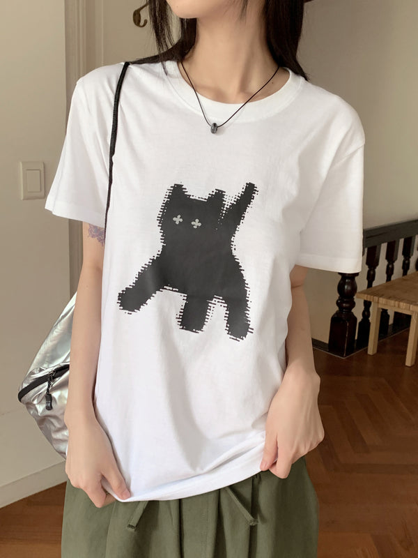 ガッシュキャットフラッシュプリントコットンボクシーショートスリーブTシャツ