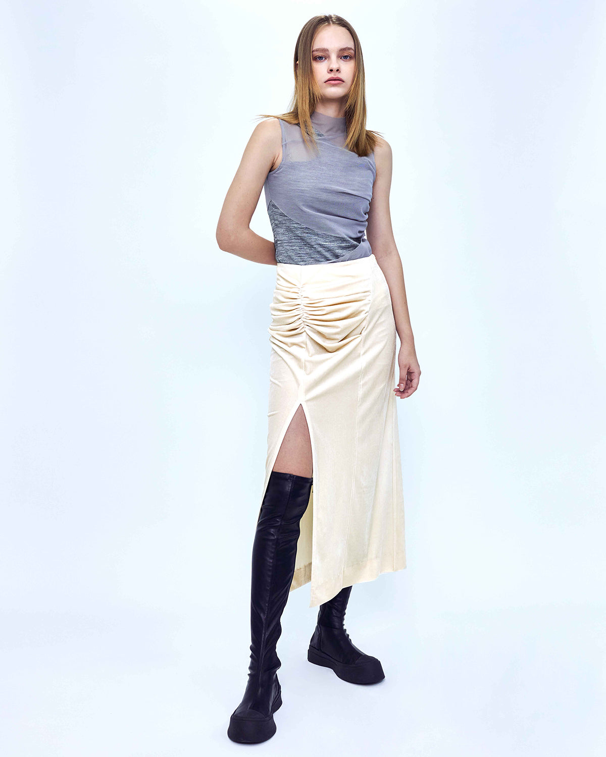 Velvet Draped Slit Long Skirt _ Cream