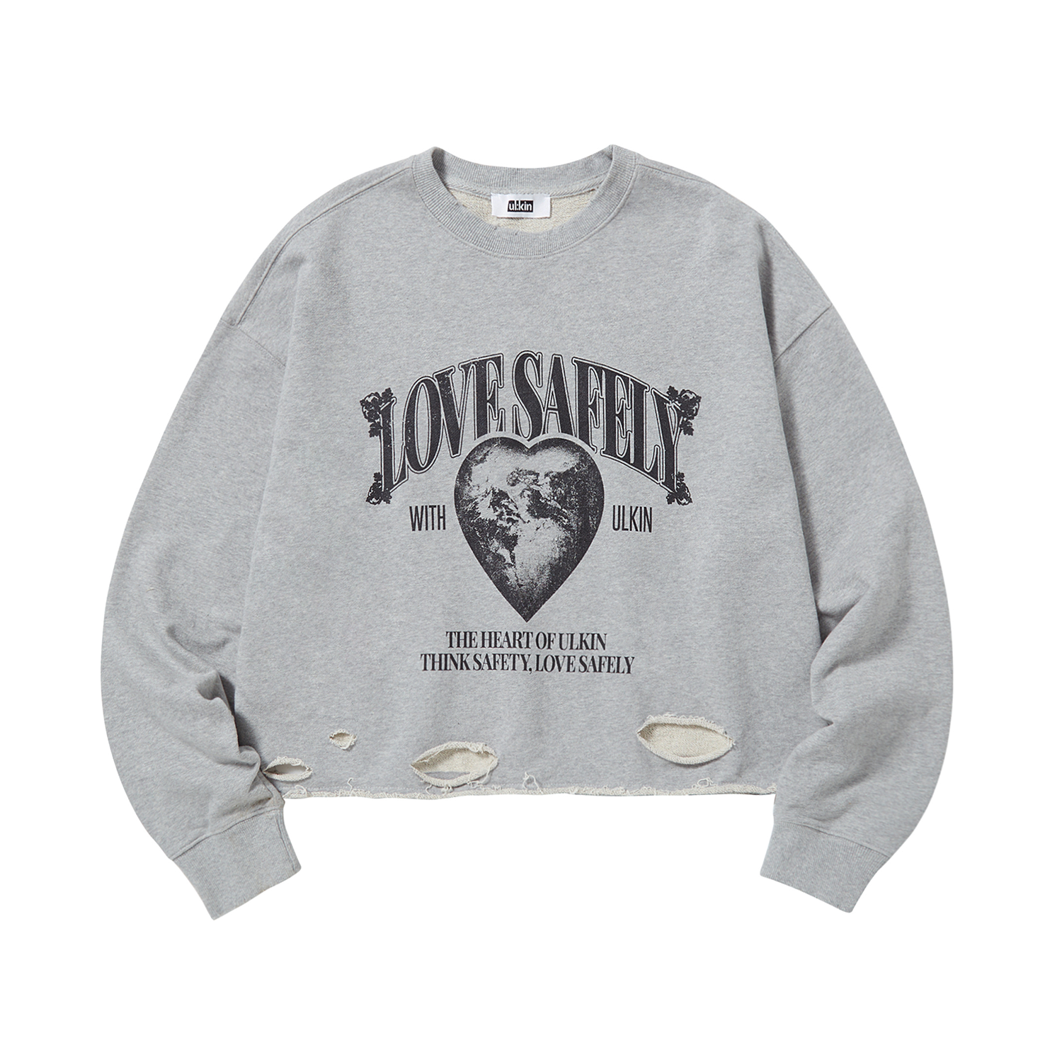 [ULKIN] Destroyed Love Safely Semi-crop Sweatshirt_Grey [MONSTA X I.M Pick]