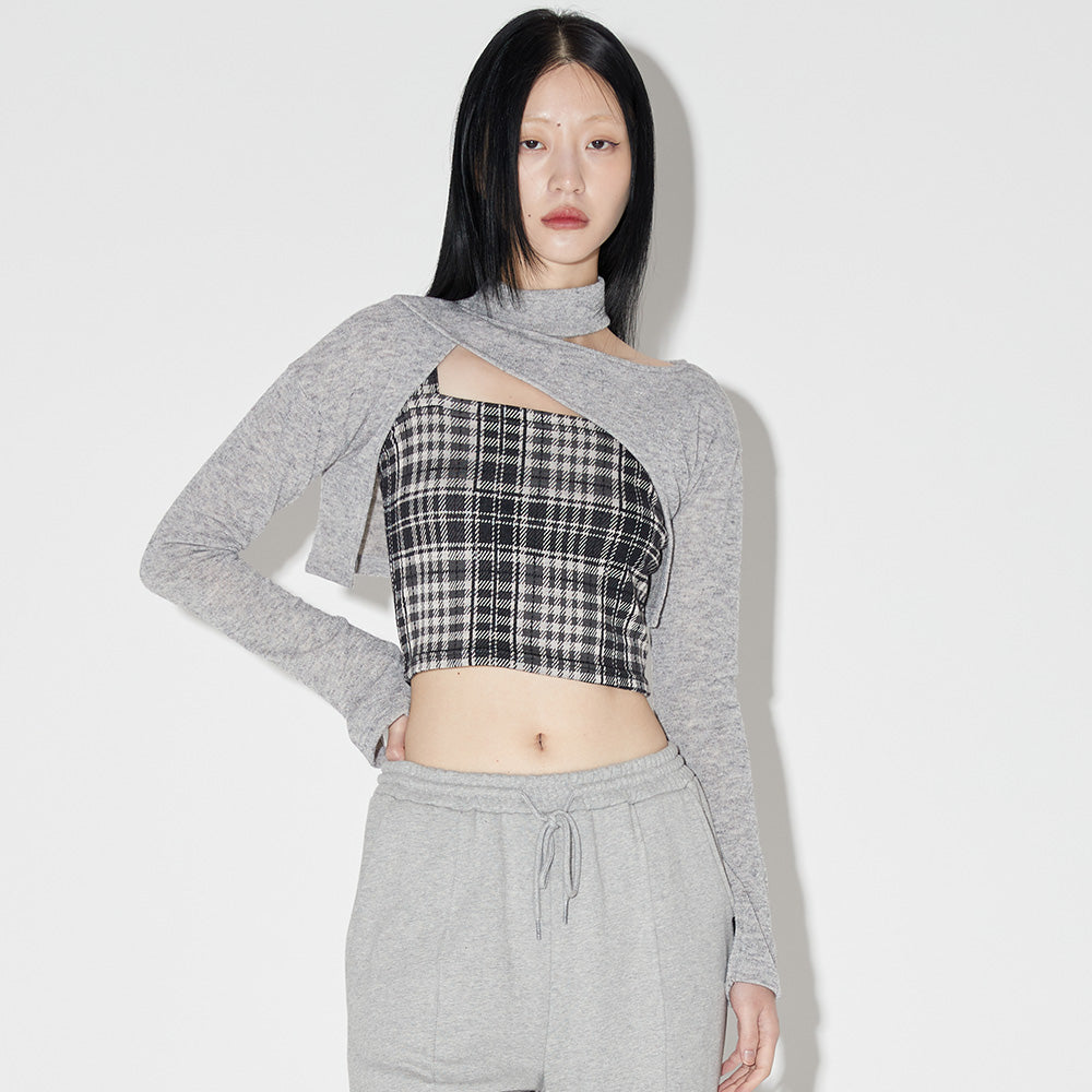 レイヤードチェックニットセット / Layered Check Knit Set [GREY]