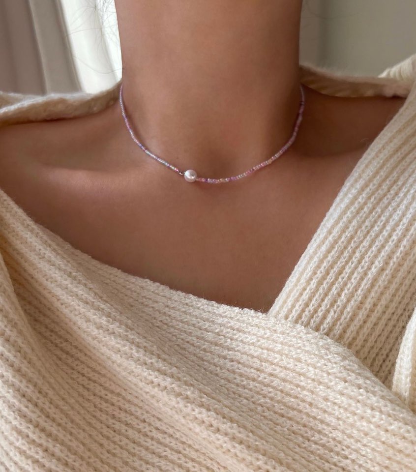 pd Pearl Color Beads Choker Necklace