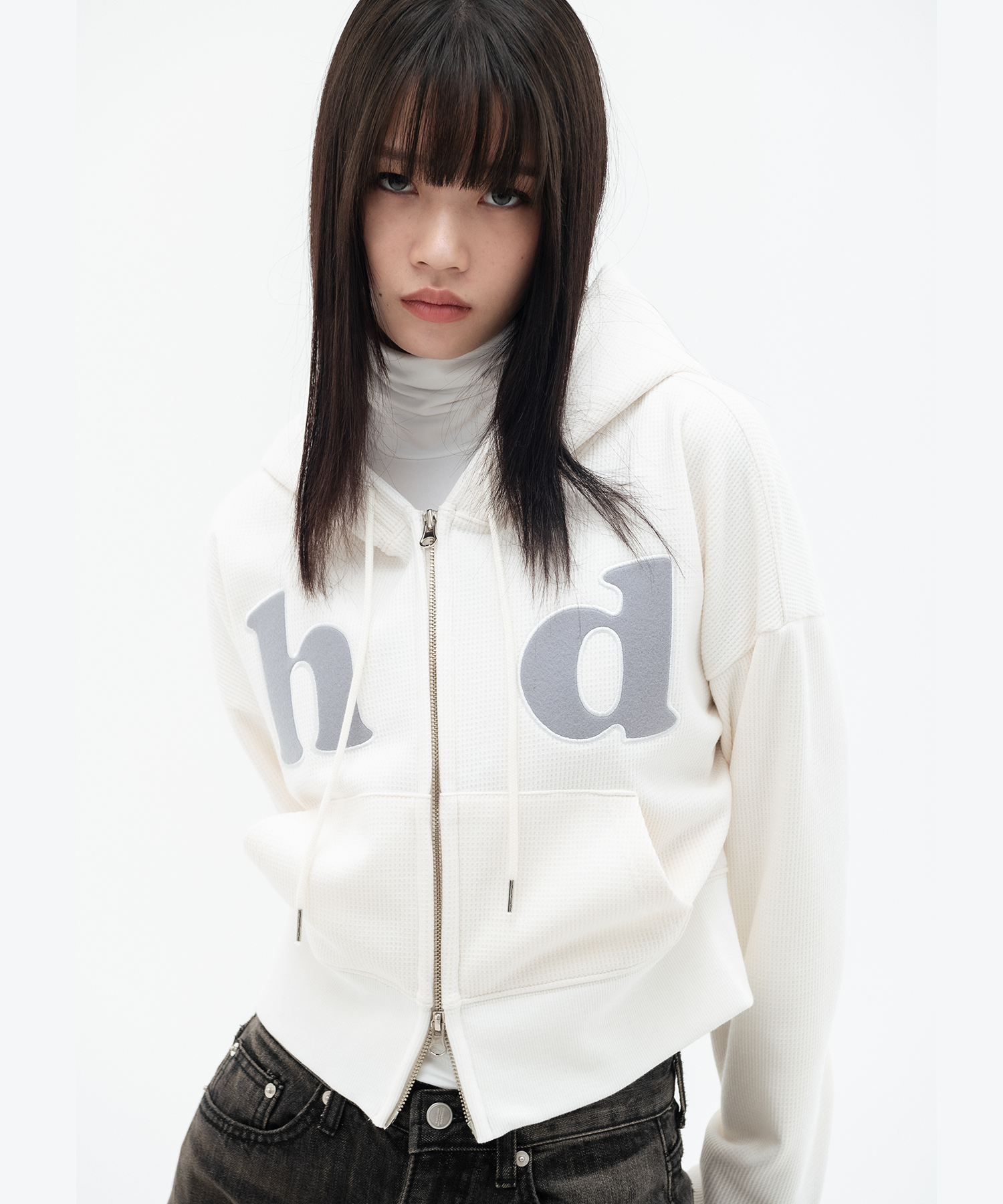 Waffle crop hood zip-up_ivory