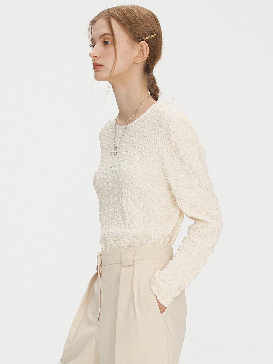 Puff crinkle long top - Pearled ivory