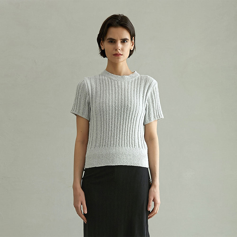 BOUCLE RIBBED HALF SLEEVE KNIT (LIGHT GREY)