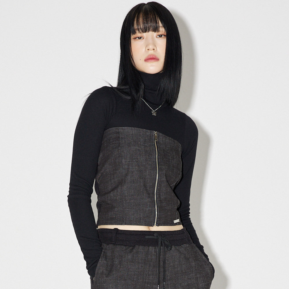 デニムニットブロックチューブトップ / Denim Knit Blocking Top [BLACK]