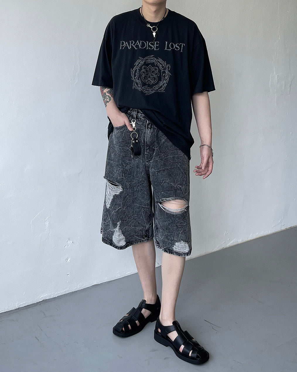 Pulse putty vintage denim Bermuda pants (Black)