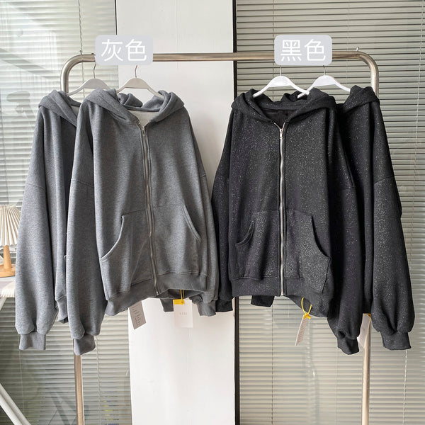 Black brushed pearl hooded zip-up