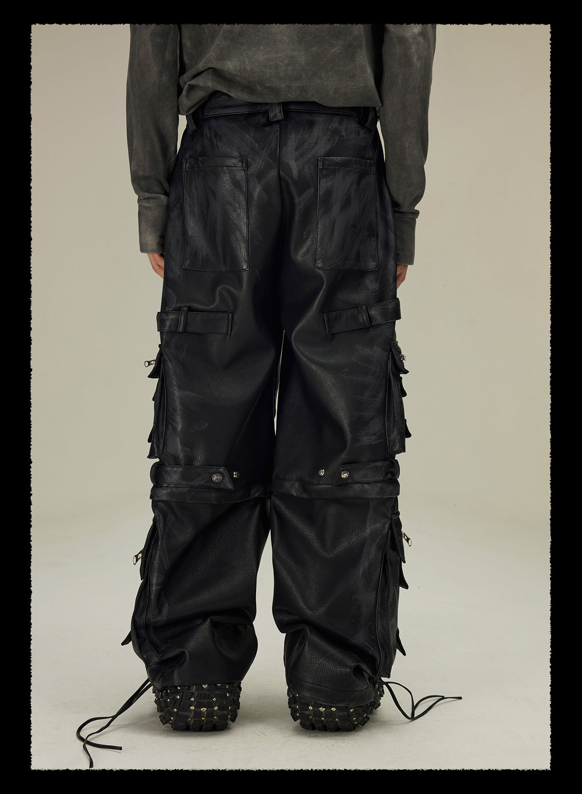  detachable multi-pocket cargo grained mud-dyed leather pants