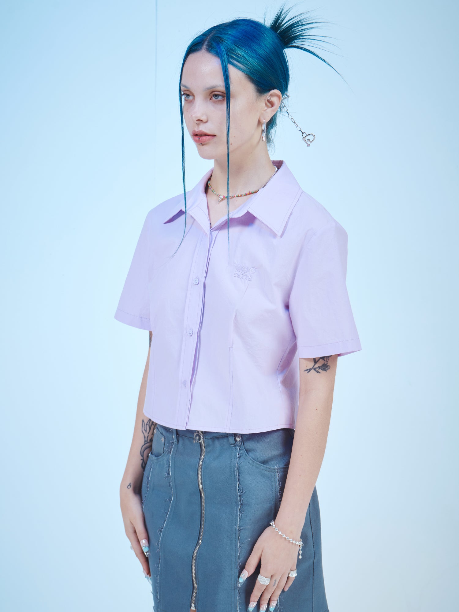 CROP SHORT-SLEEVES COTTON SHIRTS(LAVENDER)