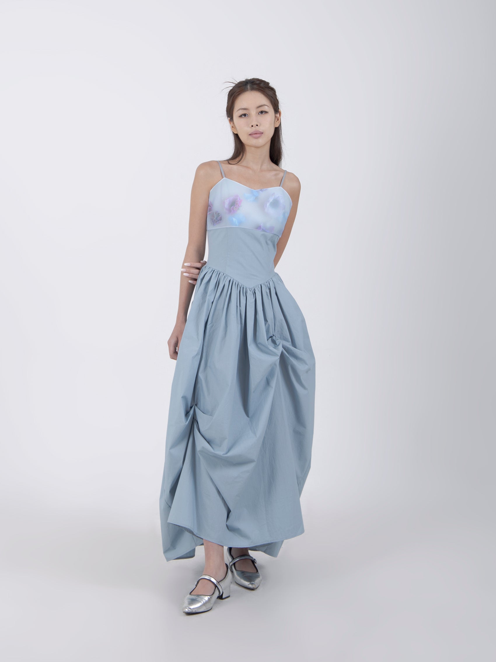 UNBALANCED SHIRRING LONG DRESS #BLUE