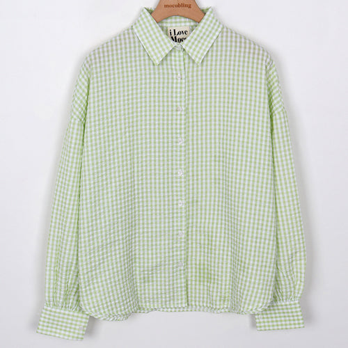 Pom pom seersucker shirt big check - bl