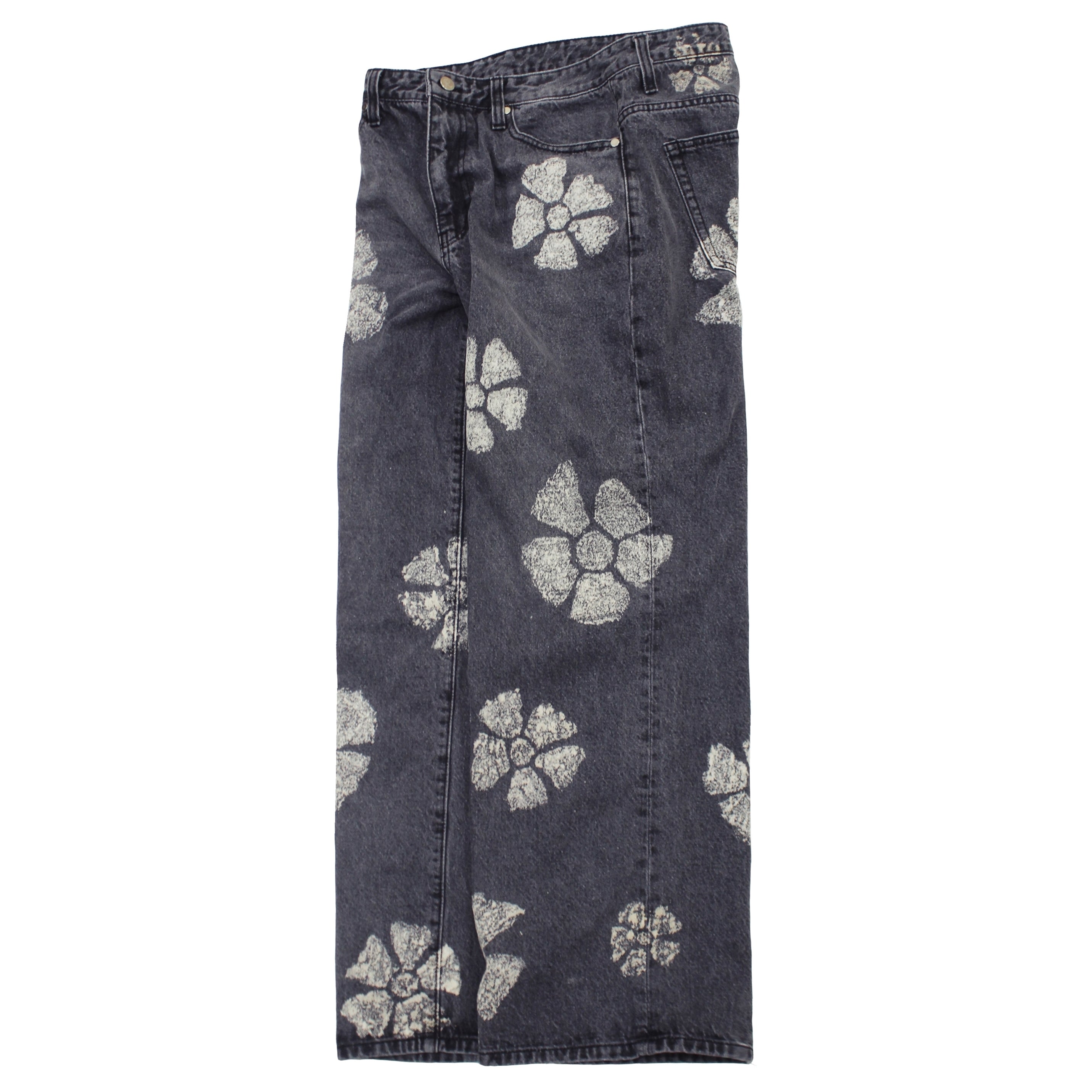 flower bleach wide denim pants (washed black)