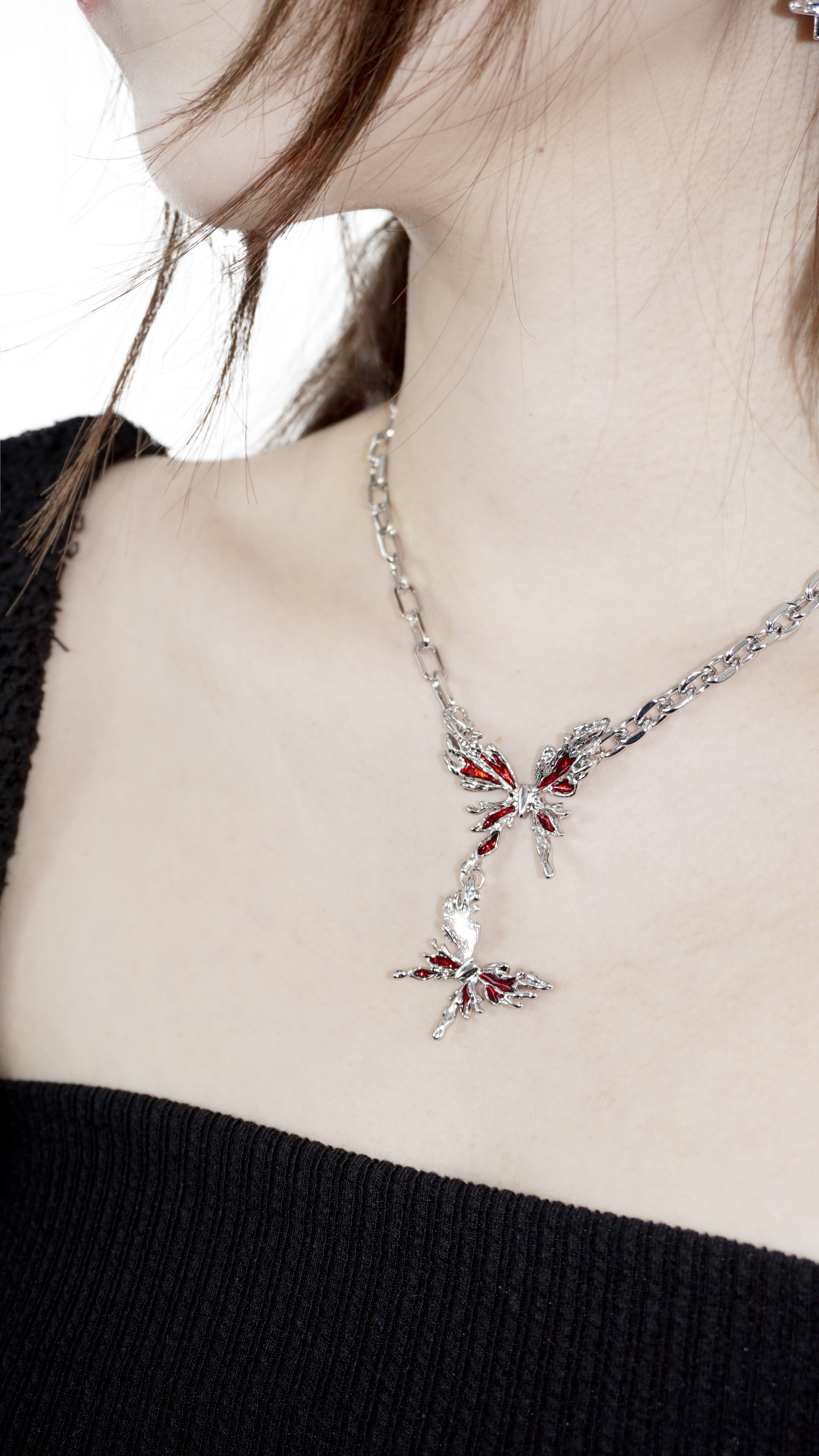 Two Red Butterfly Chain Necklace