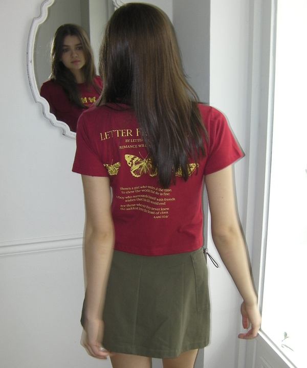 Triple Butterfly Crop Short Sleeve T-shirts ( Burgundy )