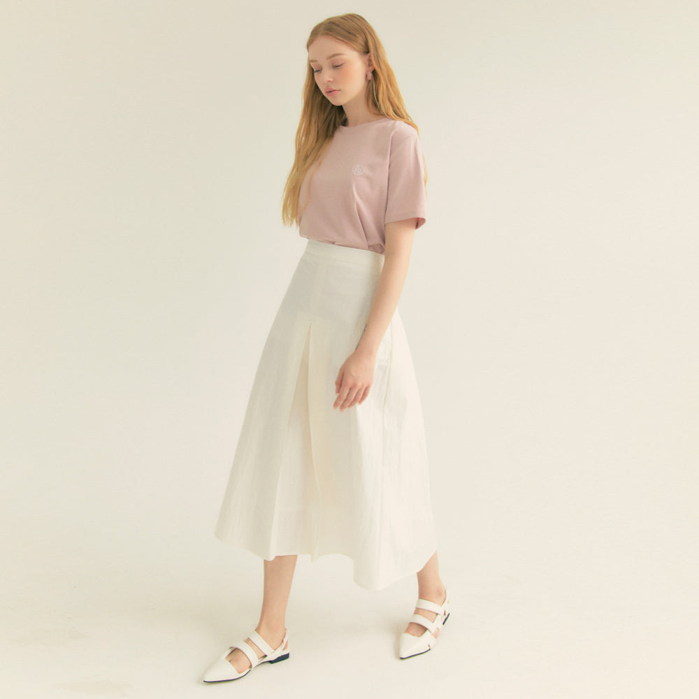 Cotton Pleats A-Line Long Skirt (Ivory)