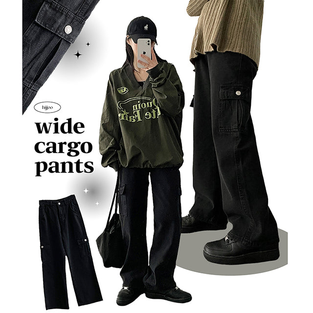 Semi-wide Black Denim Cargo Pants