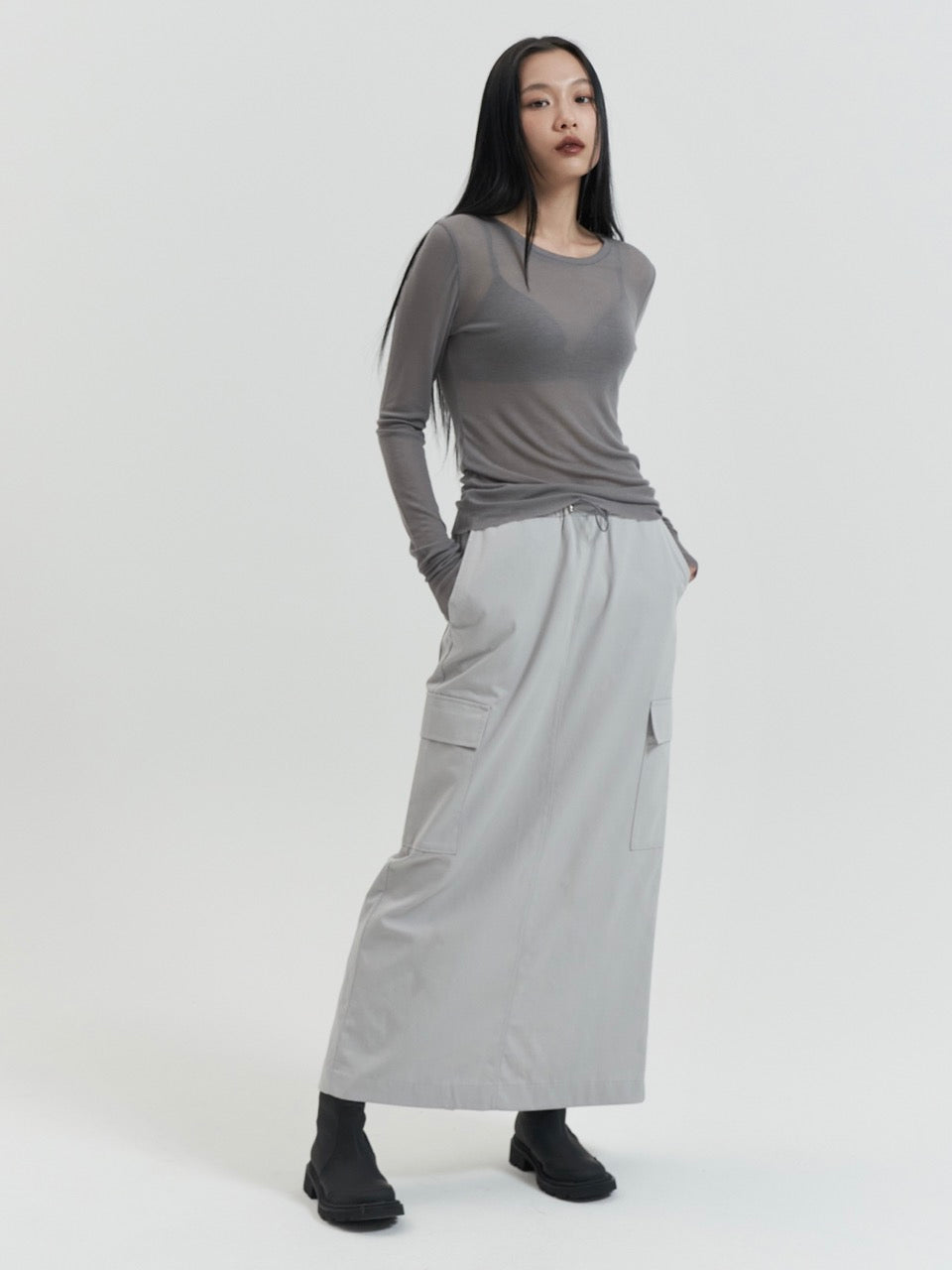 Tencel & Wool Long Sleeve Top, Grey Beige