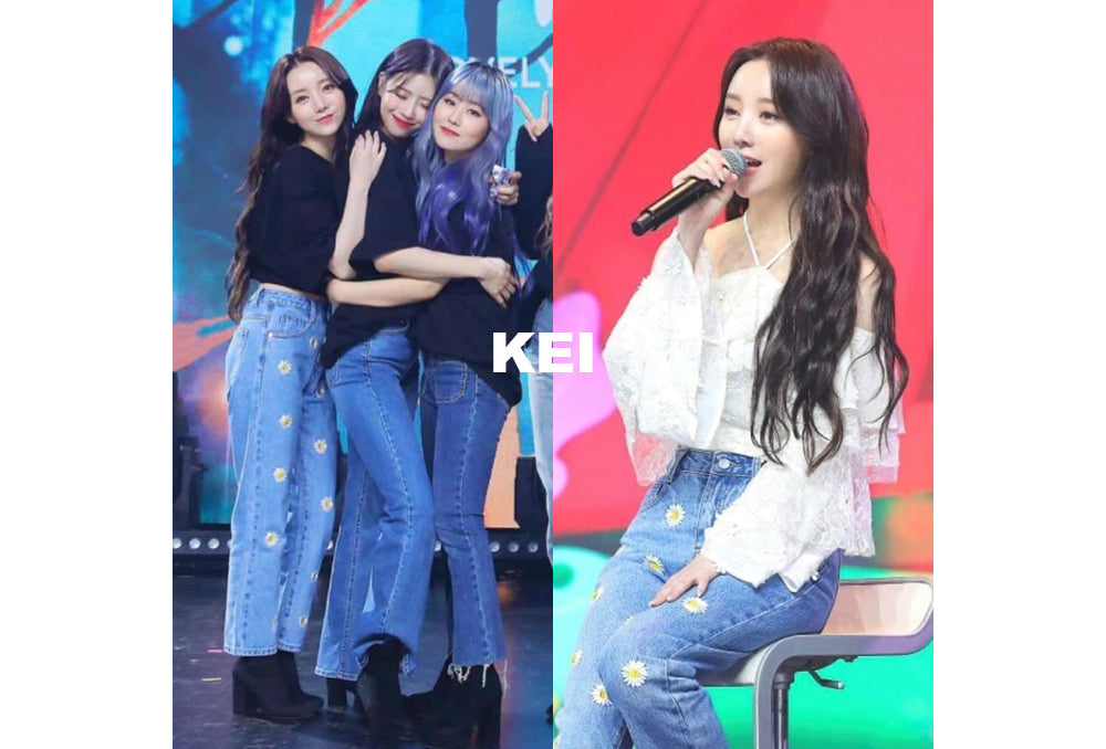 IZ*ONE CHEWON, LOVELYZ KEI, ROCKET PUNCH YEONHEE WORN STRAIGHT FIT FLOWER EMBROIDERY DENIM PANTS [6663]