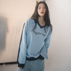 FLOWER COLLAR BLOCK V-NECK SWEATSHIRT(SKY BLUE)