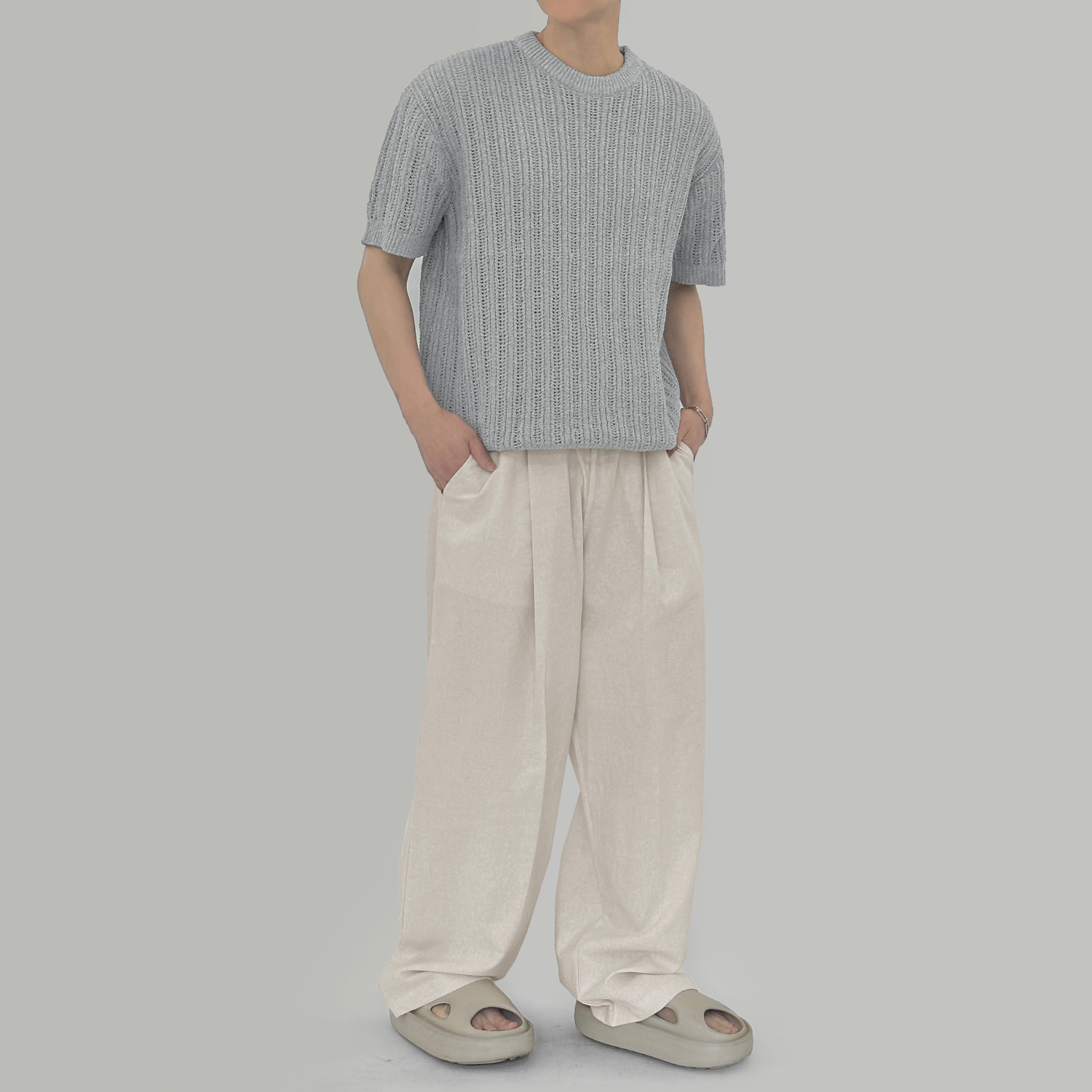 Banding linen wide pants