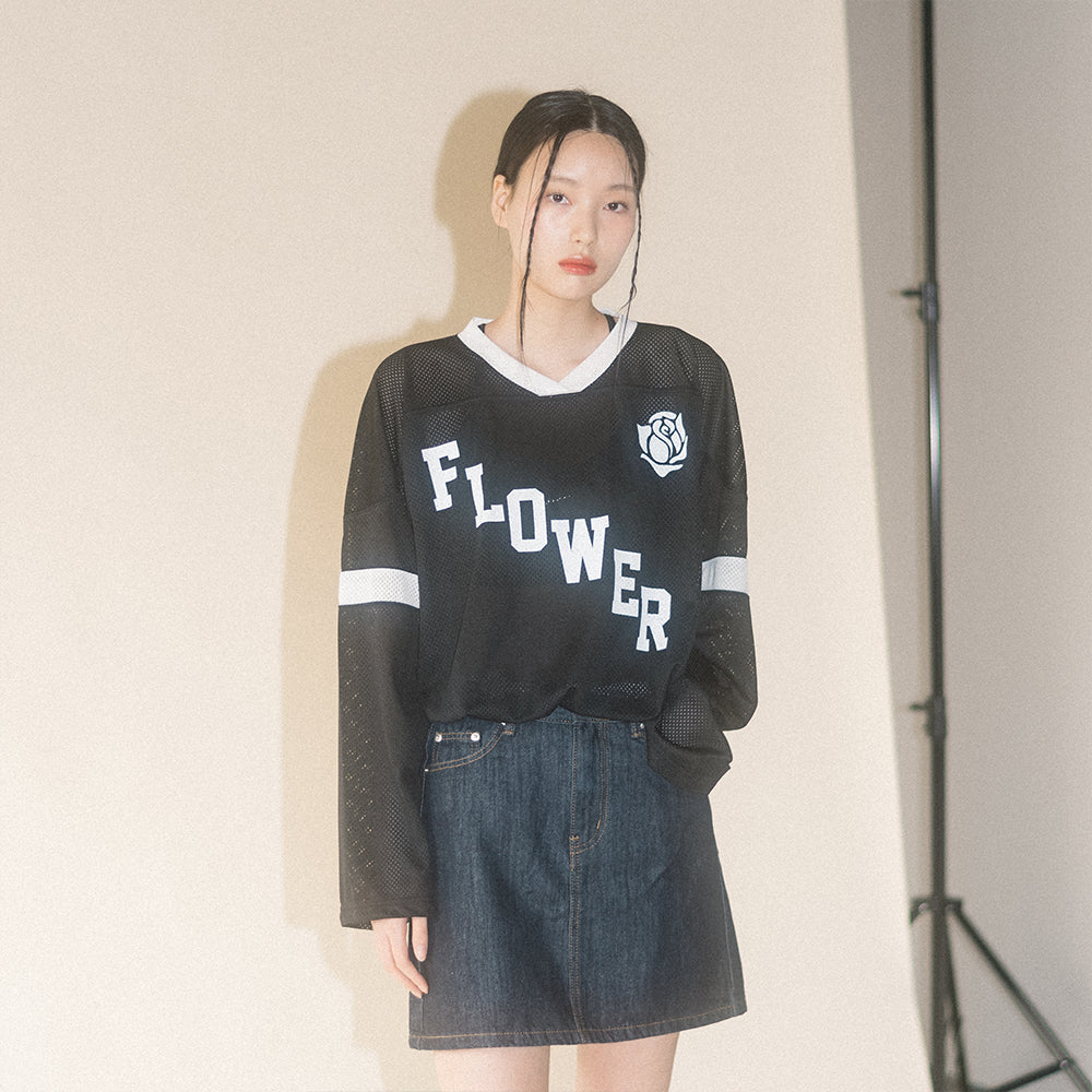 FLOWER AMERICAN FOOTBALL MESH L/S TEE(BLACK)