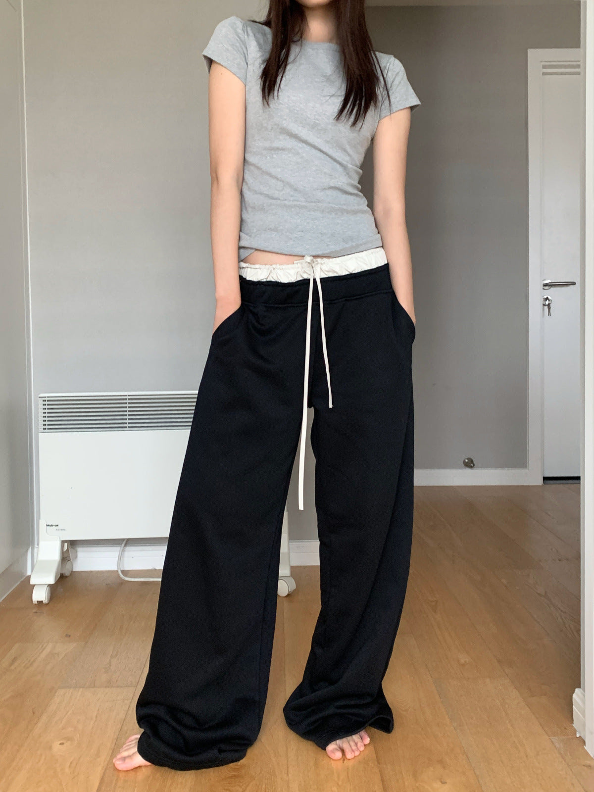 Layered banding black wide pants