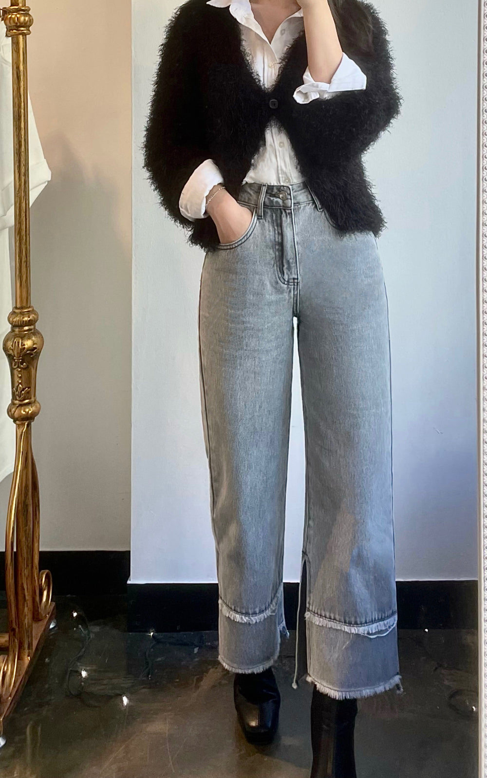 SEMI WIDE FIT SINGLE DIRECTION SLIT GREY DENIM PANTS [17713]