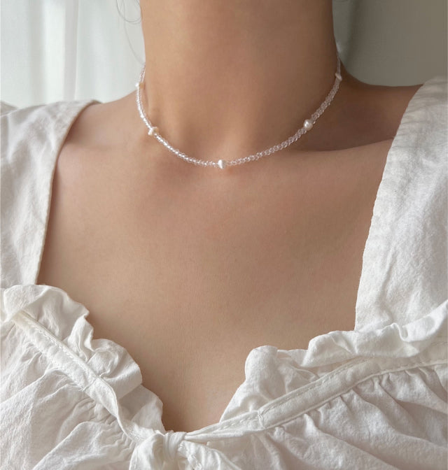 cct Silver 925 Fresh Water Pearl Transparent Crystal Choker Silver Necklace