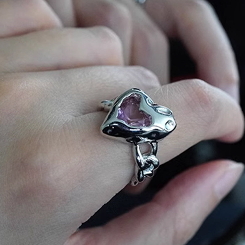 Pink Heart Cubic Silver Open Ring