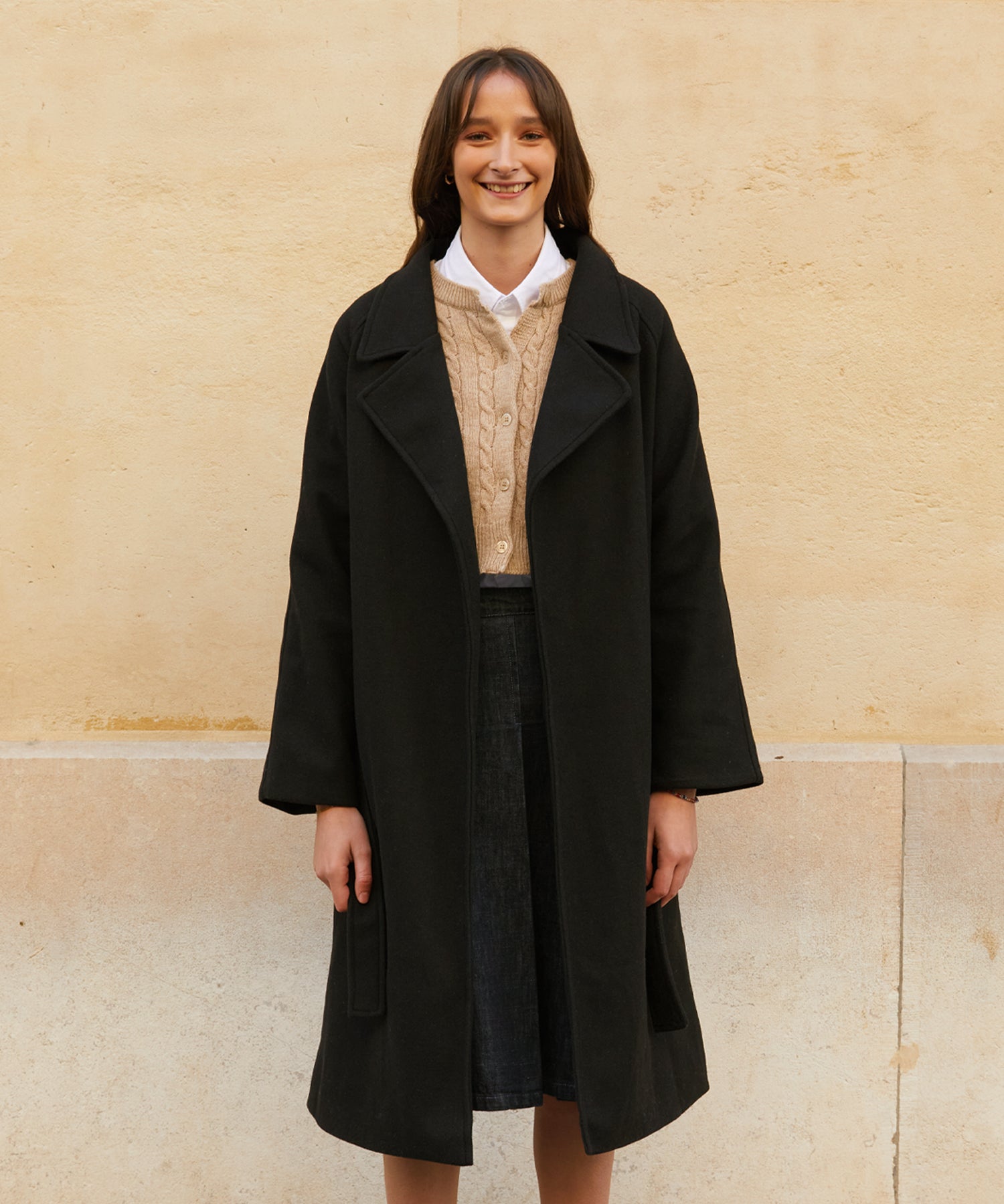 RCH wool blended robe coat black