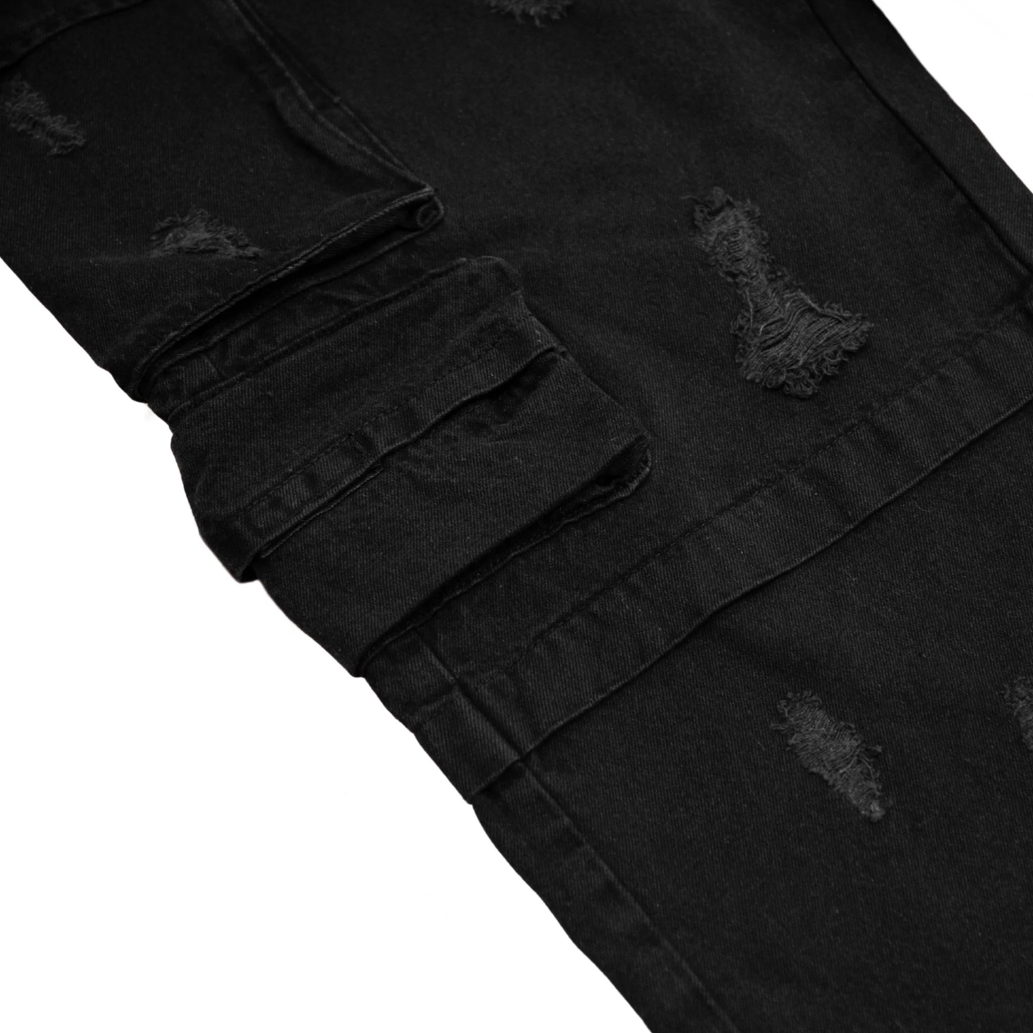 RIPPED CARGO JEANS - BLACK